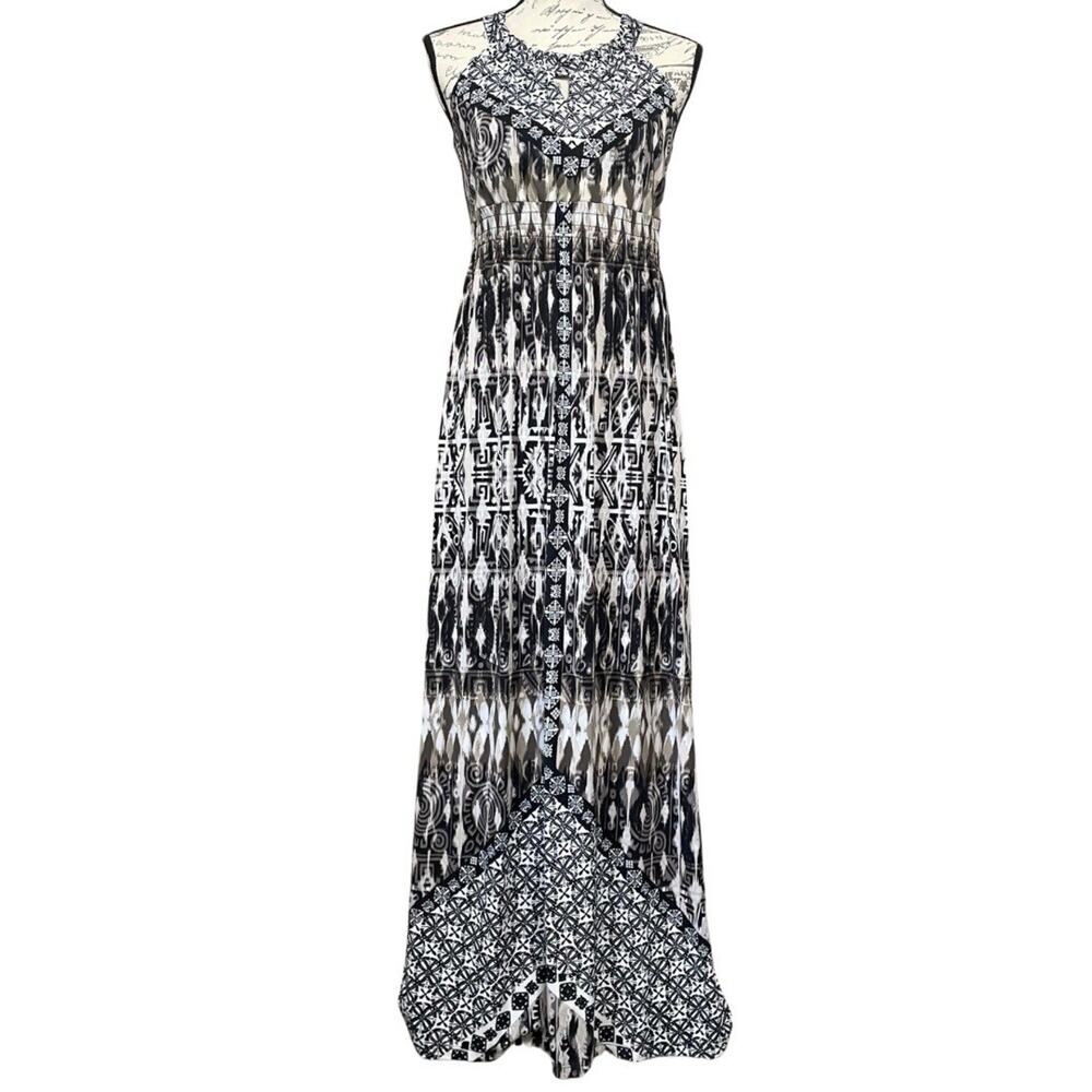Soma Halter Neck H Back Maxi Dress Women's M Neutral Ikat Print Soft Stretchy